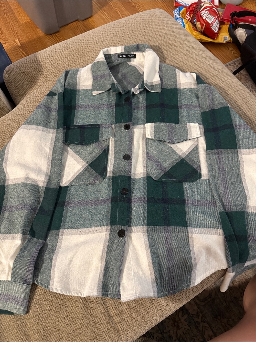SHEIN Green & White Plaid Shirt Jacket